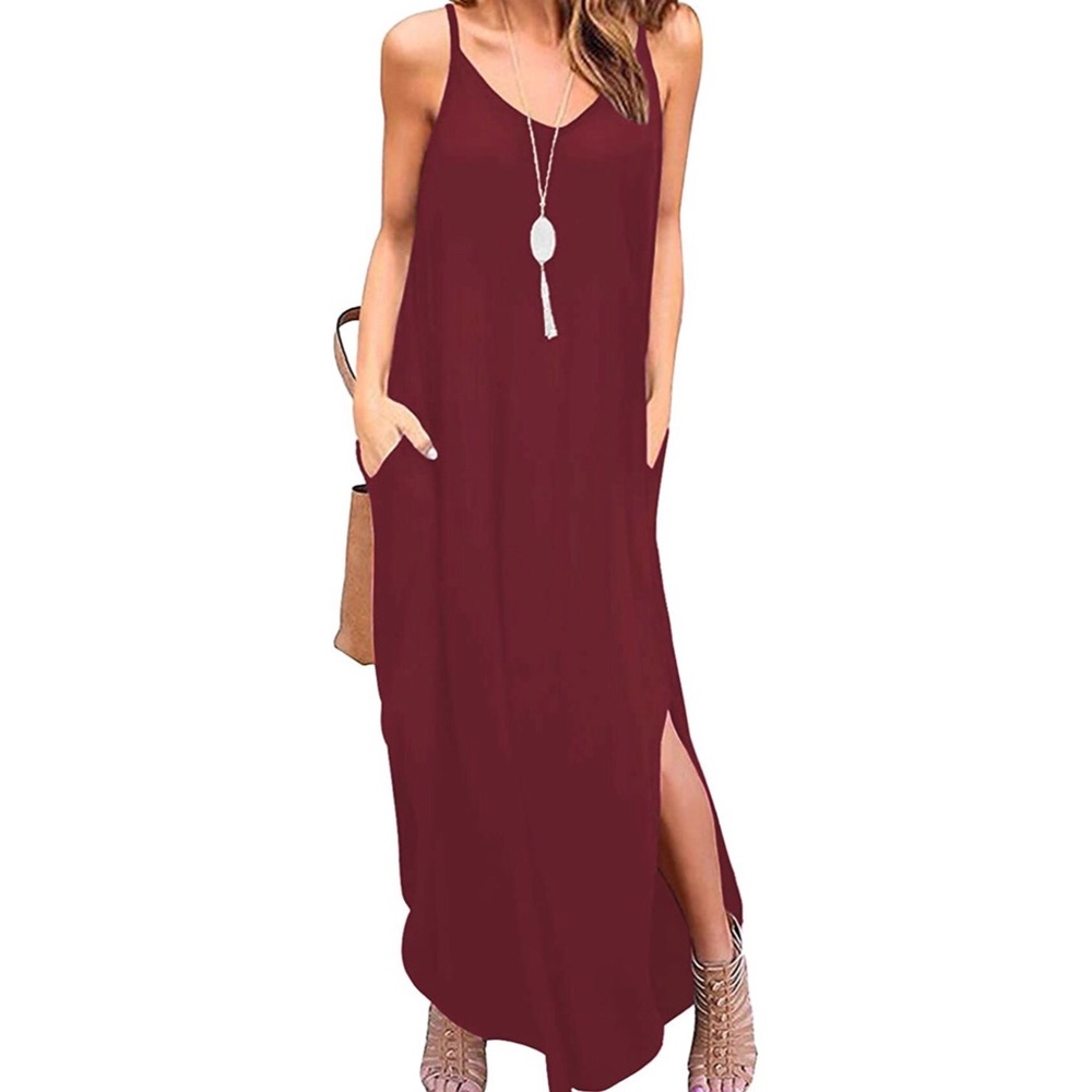 V Neck Spaghetti Strap Maxi Dress with Pockets - Picture 2 of 5